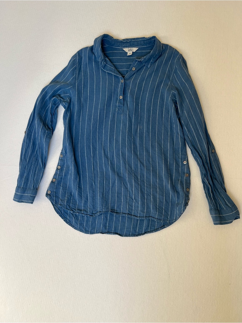 Croft & Barrow Linen Blend Striped Shirt M Blue Coastal Button Side Tunic